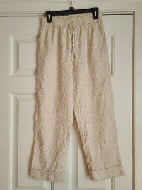 Buru Women's Sz S Beige Capri Crop Pants Baggy Wide Leg Drawstring Textured